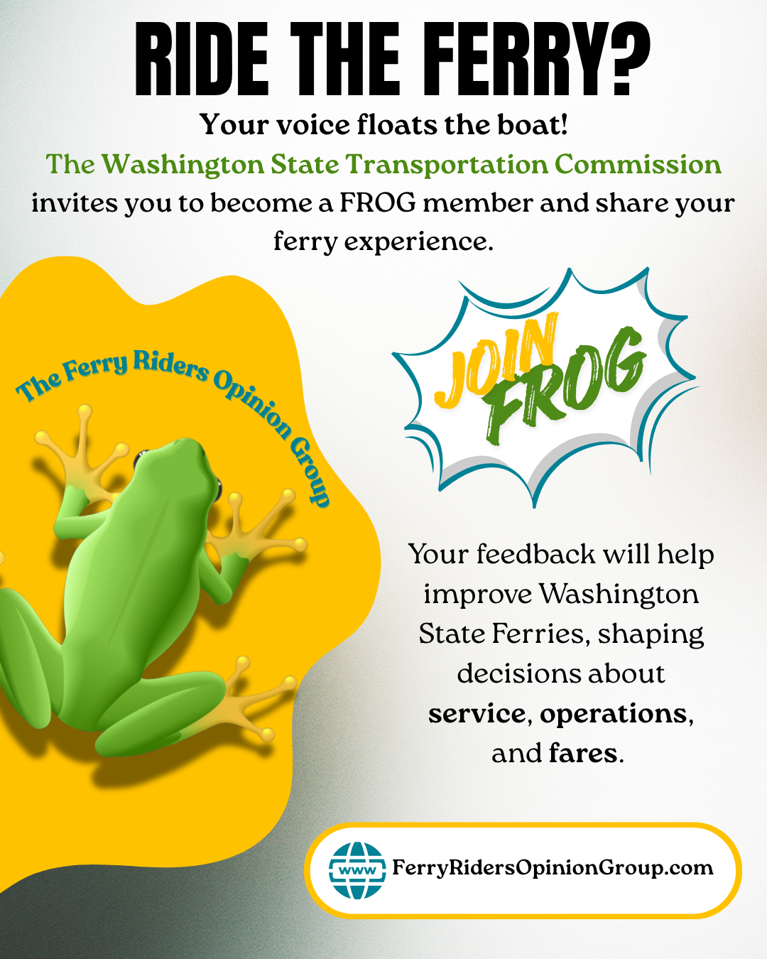Advertisement inviting people to join the Ferry Riders Opinion Group by the Washington State Transportation Commission.