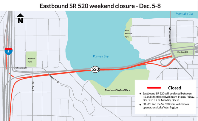Closure graphic for EB 520 I-5 to Montlake in Seattle - Dec. 5-8