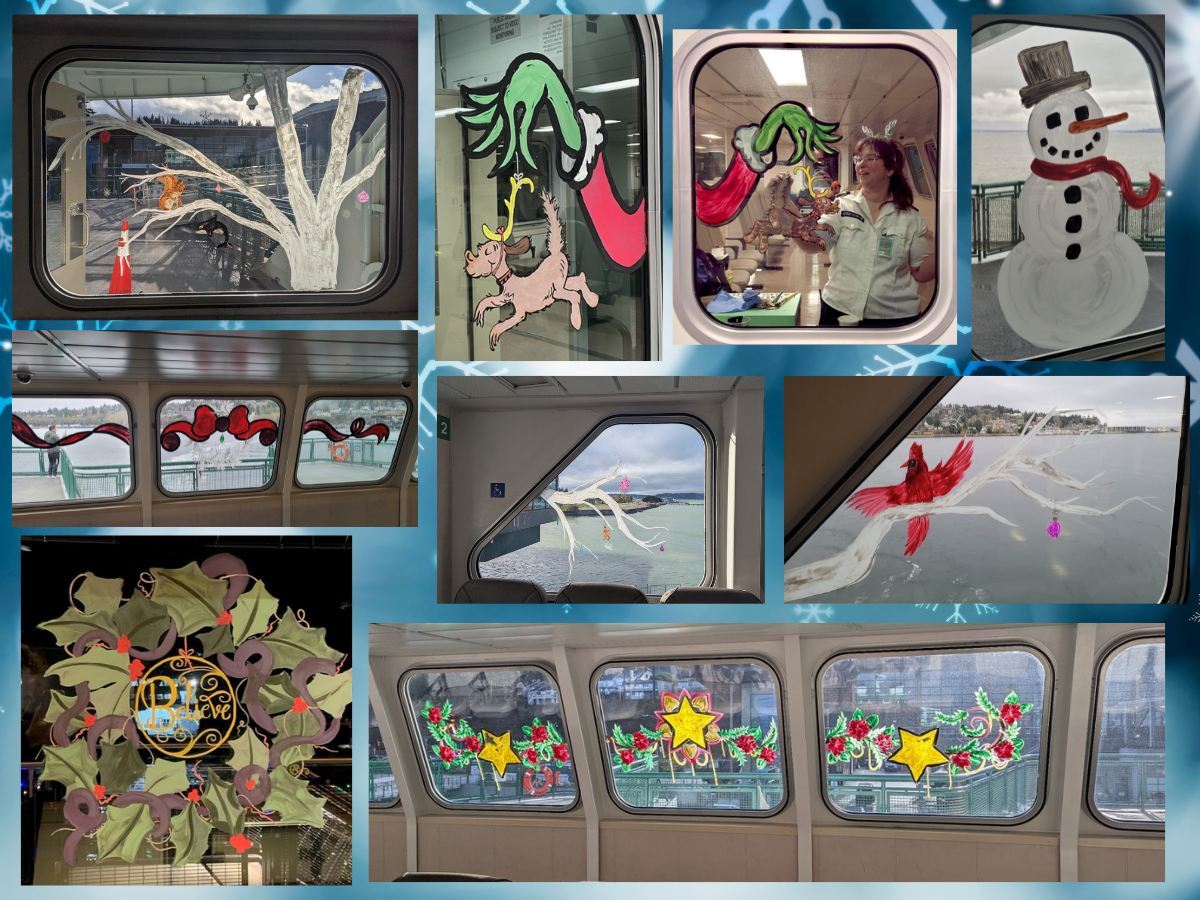 Collage of painted festive decorations on ferry windows, including a snowman, trees, ornaments, and holiday scenes.