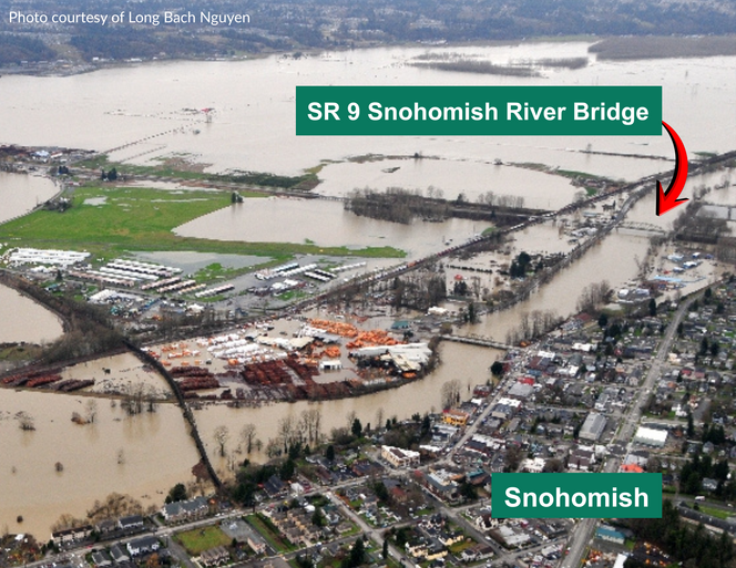 Aerial photograph of the area around City of Snohomish where construction will take place. SR 9 Snohomish River bridge can be seen lower right.