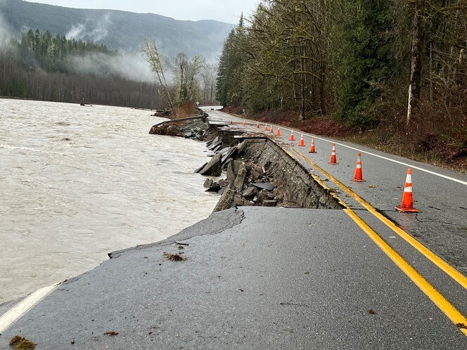 SR 530 was damaged by floodwaters from the Sauk River earlier this month.