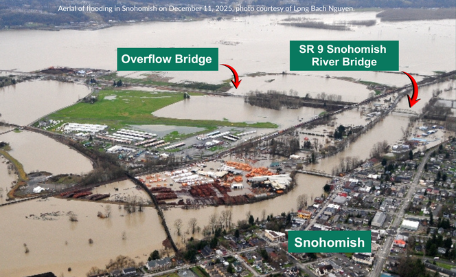 Aerial of flooding in Snohomish on December 11, 2025