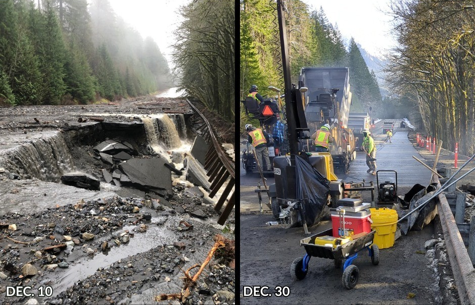 Contractors for WSDOT repair an area of US 2 damaged by flood water