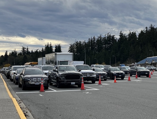 Anacortes terminal holding lanes with multiple rows of vehicles and orange traffic cones.