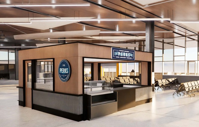 Rendering of a modern kiosk in the Seattle terminal building with signage for P.S. PERKS.