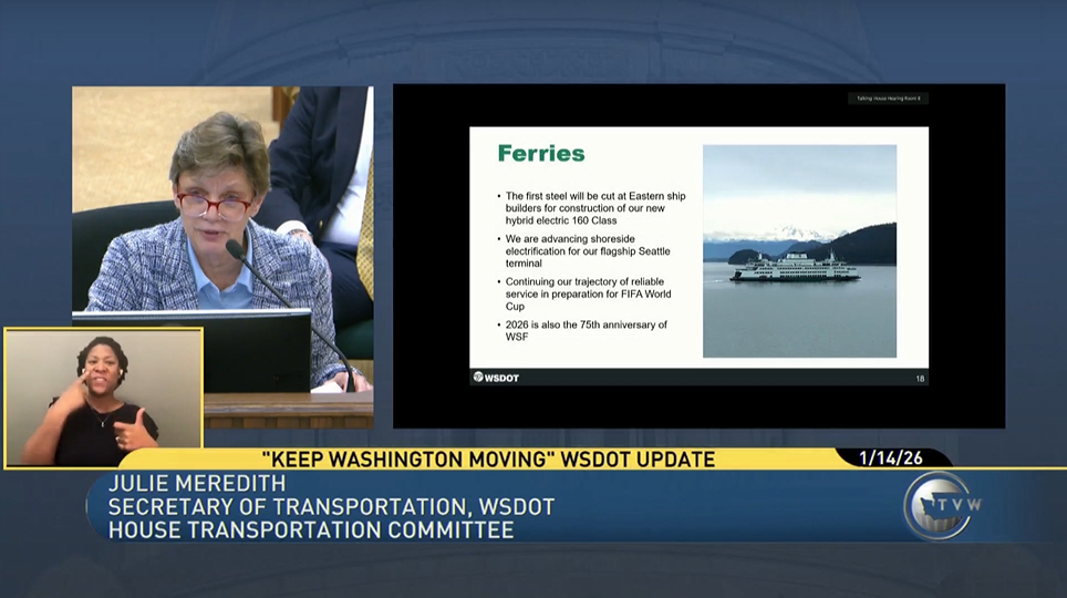 Presentation showing a woman speaking, slide about WSDOT Ferries, and a sign language interpreter.