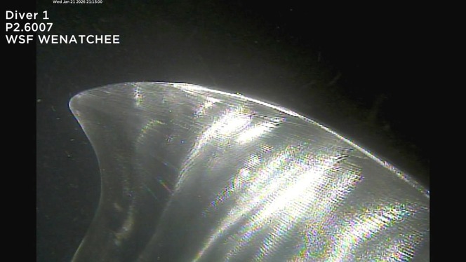 Close-up of a bent blade of a propeller as seen from underwater.
