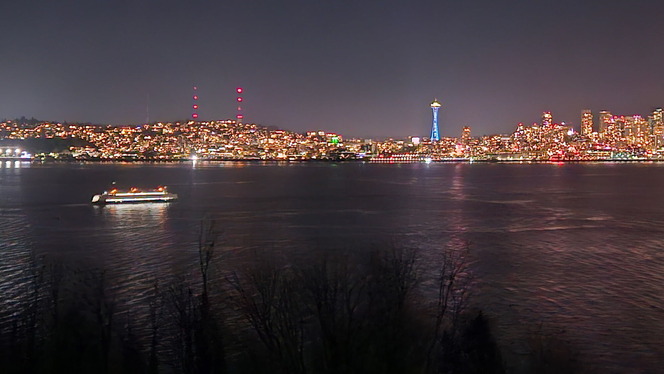 Seattle skyline at night with the Space Needle and a lit ferry crossing Elliott Bay.