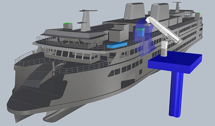 Digital rendering of a large ferry with a blue dock and white arm apparatus.