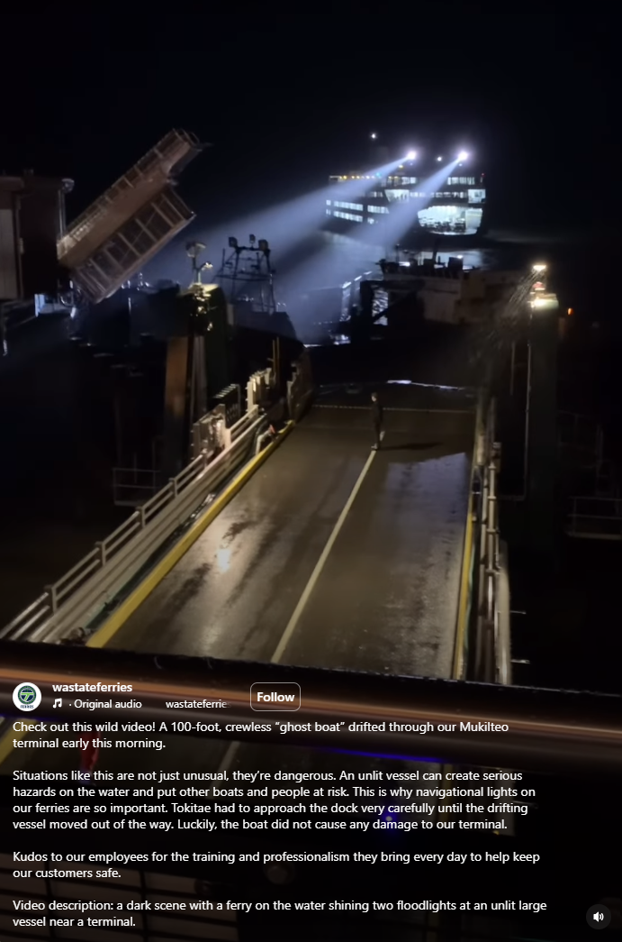 Screenshot of @wastateferries Instagram post showing ferry at night shining spotlights at dock with smaller vessel visible.