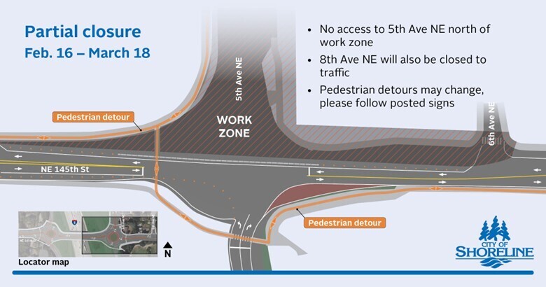 Graphic showing where closures are at NE 145th St and 5th Ave NE