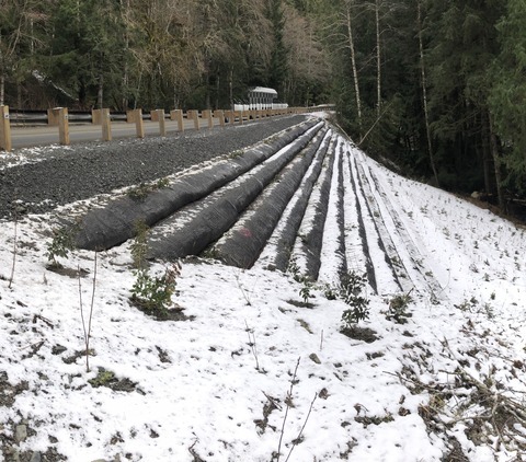 A rebuilt embankment along SR 542. Steps in the embankment are covered in snow.