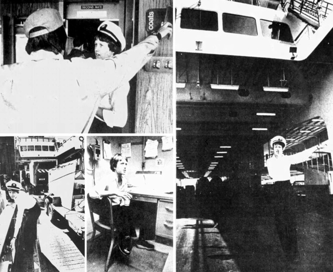 Collage of four black and white photos showing various activities on a ferry involving a deck officer.