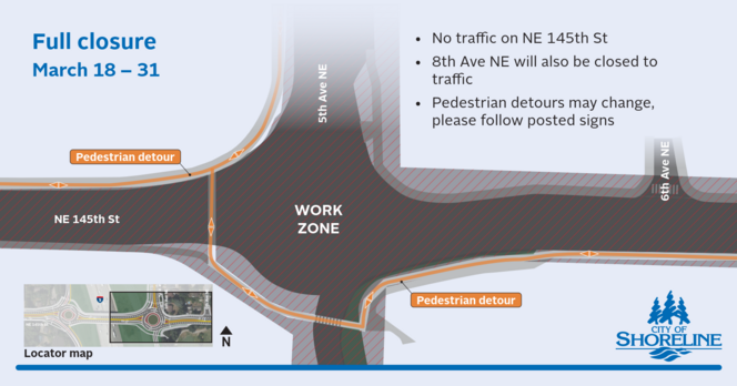 Map of road closure at NE 145th St and 5th Ave NE with pedestrian detours marked.