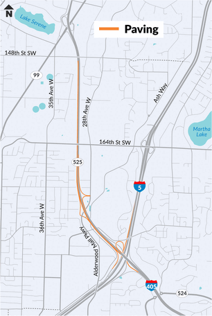 Graphic of SR 525 between SR 99 and I-405, showing where the construction will take place,