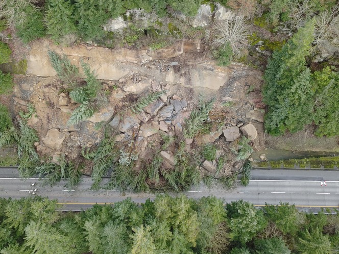 Aerial view of a slide that closed northbound Interstate 5 south of Bellingham.