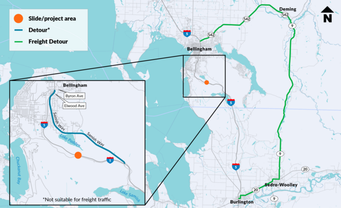 Map shows closure on northbound I-5, detour using exit 46 and the freight detour using SR 20, SR 9 and SR 542.