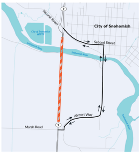 Map showing the detour for SR 9 when it is closed from 2nd St to Marsh Rd, April 17-20