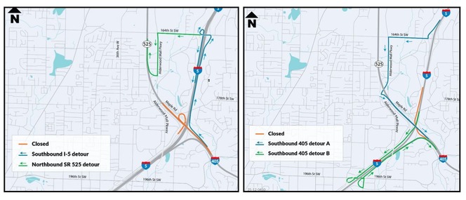 Two maps showing detours for upcoming SR 525 closures in Lynnwood