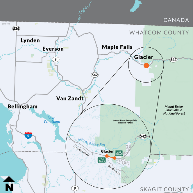 Map shows a pullout of the location of the SR 542 Glacier Creek Bridge in Whatcom County.