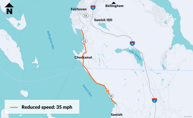 Map shows location of new speed limit on SR 11 south of Bellingham highlighted in orange.