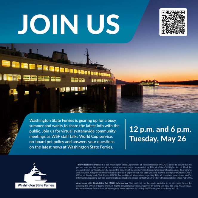 Washington State Ferries promotional poster with sunset ferry and meeting information.