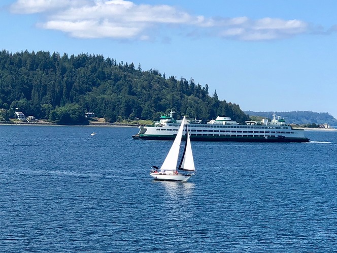 A sailboat and a ferry on calm waters with a forested shoreline in the background.