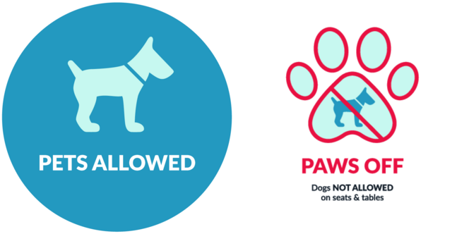 "PETS ALLOWED" sign with a dog silhouette on left, and "PAWS OFF" sign with a crossed-out dog in a paw print on right.