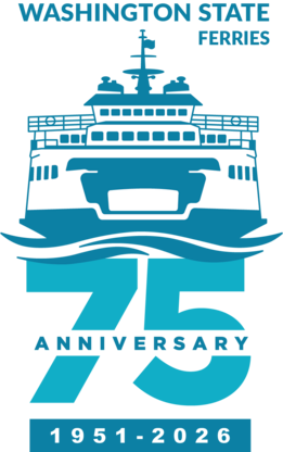 Stylized logo of a ferry with "Washington State Ferries" text and "75th Anniversary 1951-2026."