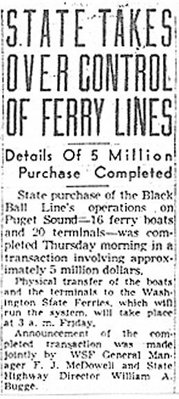Newspaper clipping with headline "STATE TAKES OVER CONTROL OF FERRY LINES" and "Details Of 5 Million Purchase Completed."