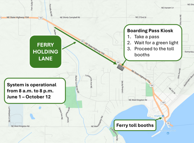 Map showing ferry route on NE State Highway 104 with a designated ferry holding lane, boarding pass kiosk, and ferry toll booths.