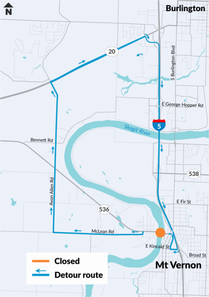 Map shows closure of SR 536 Skagit River Bridge to eastbound traffic and the detour around the closure.