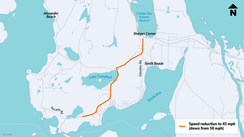 Map shows location of permanent speed limit reduction on SR 20 to 45 mph highlighted in orange.