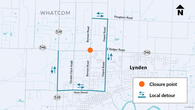 Map shows location of new roundabout being built at SR 546/Benson Road intersection and the detour around the intersection during a six-day closure.