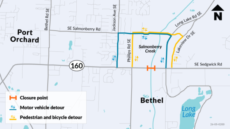 Map showing road closures and detours near Port Orchard and Bethel, highlighting vehicle and pedestrian routes.