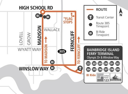 Map of Bainbridge Island public transit route featuring streets, stops and ferry terminal.