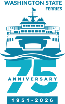 Logo of a ferry illustrating the 75th anniversary of Washington State Ferries, featuring "75 ANNIVERSARY" and the years "1951-2026."