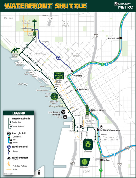 Map of Seattle’s Waterfront Shuttle routes, showing key landmarks and transportation options.