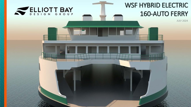 Rendering of front view of a ferry, featuring a ramp for vehicle access and a logo from Elliott Bay Design Group.