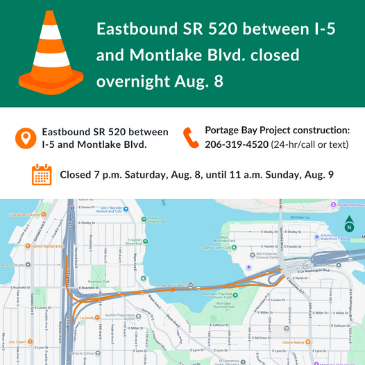 Eastbound SR 520 closure Aug. 8-9 closure graphic with map 