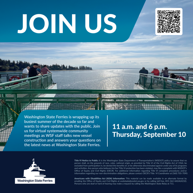 View from a ferry deck with text that says "JOIN US." Text at the bottom provides details about virtual community meetings.