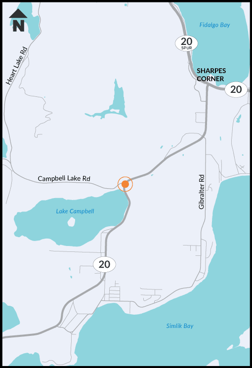 Map showing Lake Campbell and surrounding roads, with "Campbell Lake Road" and "Sharpes Corner" labeled.