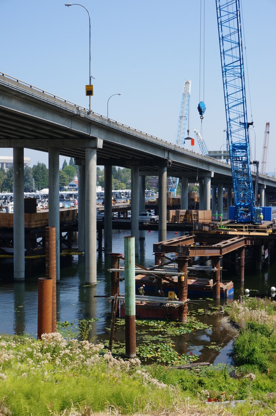 Trestle and piles with Portage Bay in the back