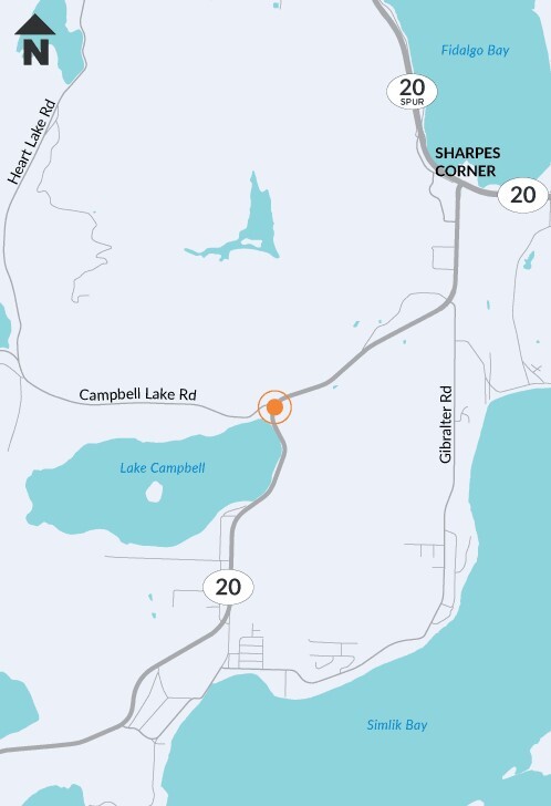 Map shows location of construction on SR 20 at Campbell Lake Road near Anacortes.