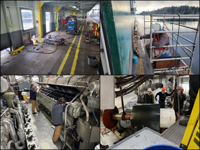 Collage of four images showing ship maintenance: welding, scaffolding, engine inspection and mechanical components.