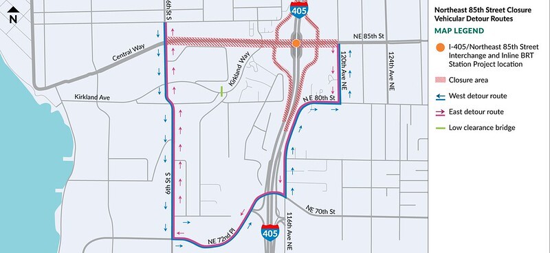 Northeast 85th Street ramps closure detour (Sixth St to 120th Ave NE)
