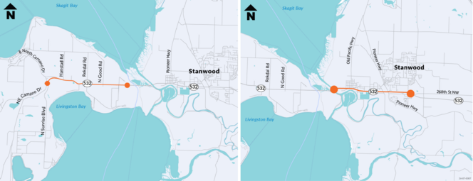 Side-by-side maps shows areas where projects will repave on State Route 532 near Stanwood.