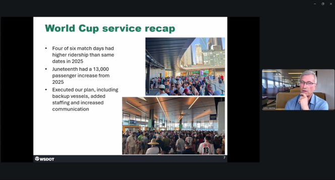 Presentation slide titled “World Cup service recap” with bullet points about ridership; a video-conference tile shows John Vezina.