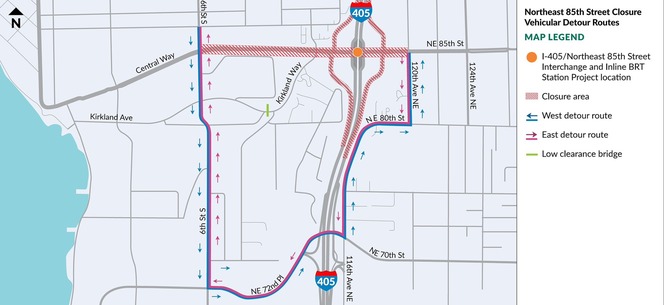 Detour route for Northeast 85th Street/Interstate 405 intersection closure (Sixth St to 120th Ave NE).