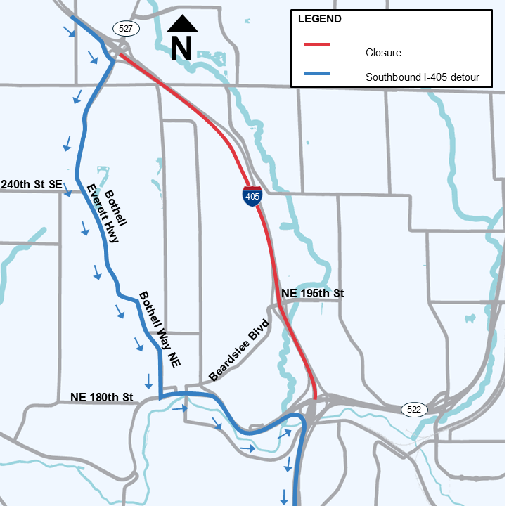Detour map for the southbound I-405 closure in Bothell from SR 527 to SR 522.
